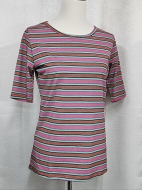 LuLaRoe Gigi Large Shirt Pink and Black Striped Short Sleeve Tee
